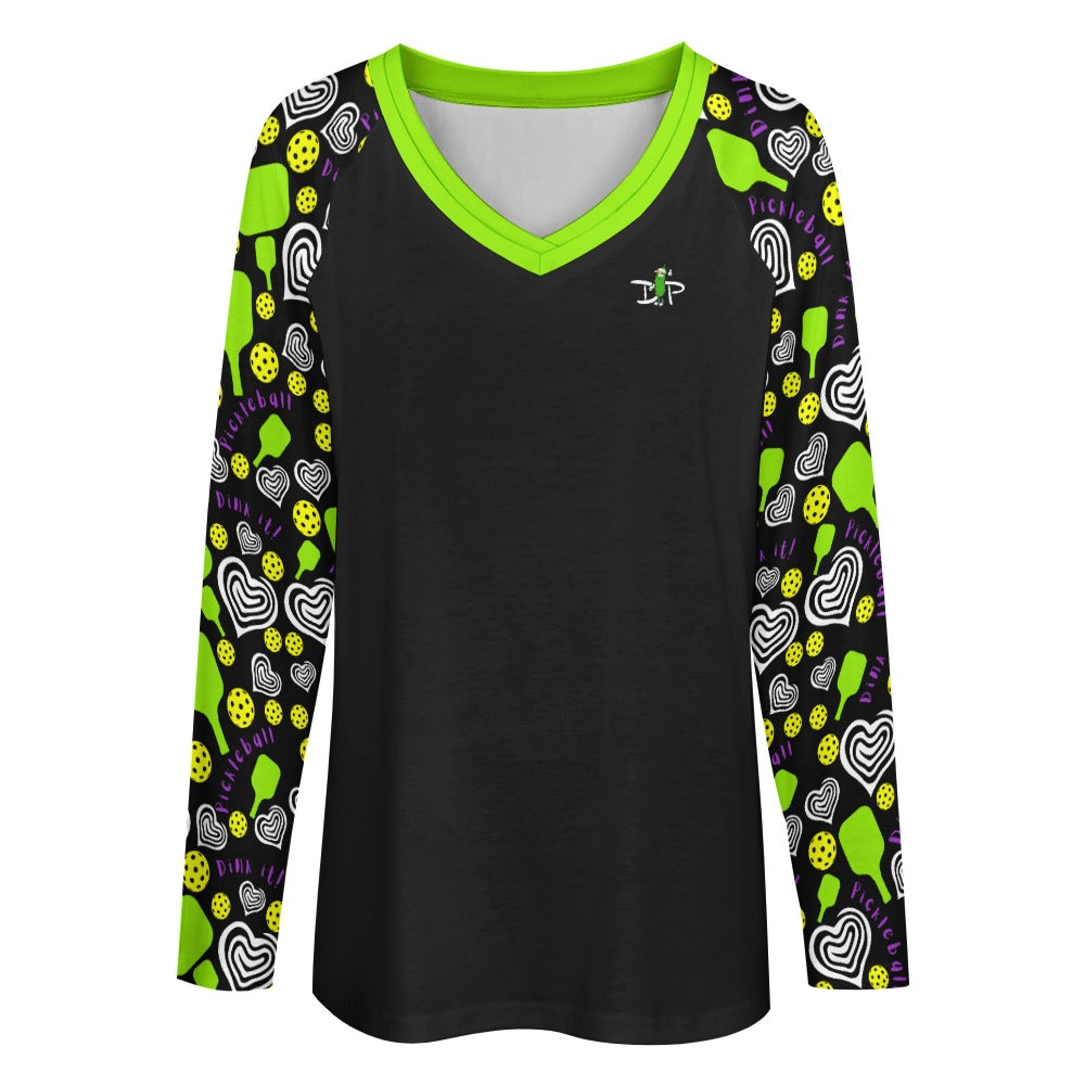 Dizzy Pickle Dinking Diva Hearts BG Women's Pickleball Long sleeve Double Layered V-Neck Loose Tee