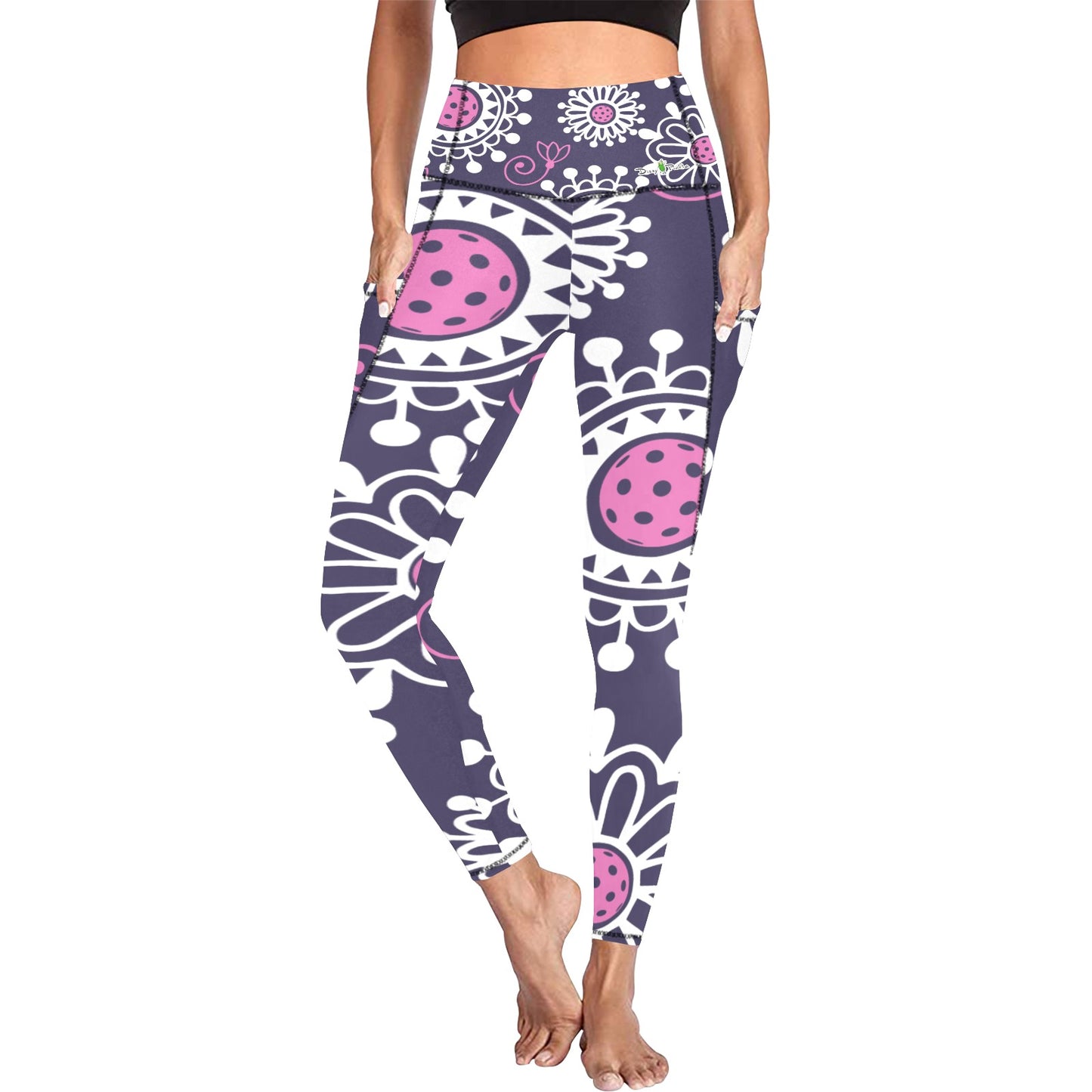 Dizzy Pickle Coming Up Daisies PP Women's Pickleball Performance Leggings (Ankle Length, High-Waisted, & Two Side Pockets)