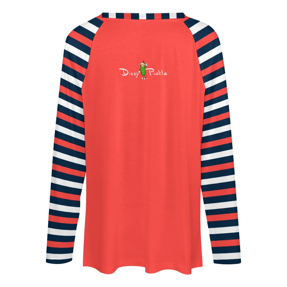 Dizzy Pickle Van Stripes Coral Women's Pickleball Long sleeve Double Layered V-Neck Loose Tee