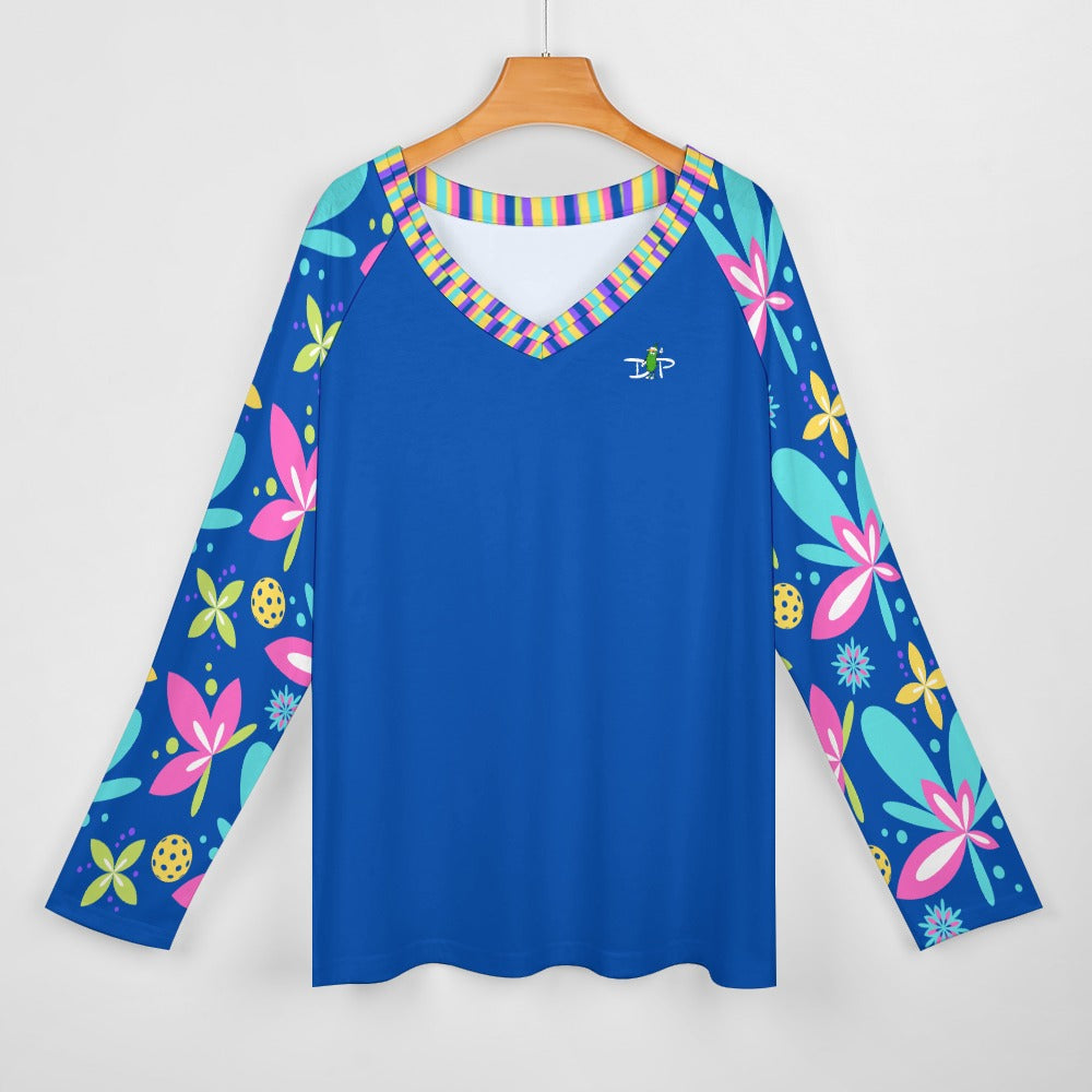 Dizzy Pickle Donna Blue Women's Pickleball Long sleeve Double Layered V-Neck Loose Tee