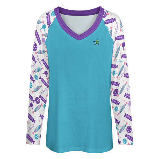 Dizzy Pickle So Sweet Main Teal Women's Pickleball Long sleeve Double Layered V-Neck Loose Tee