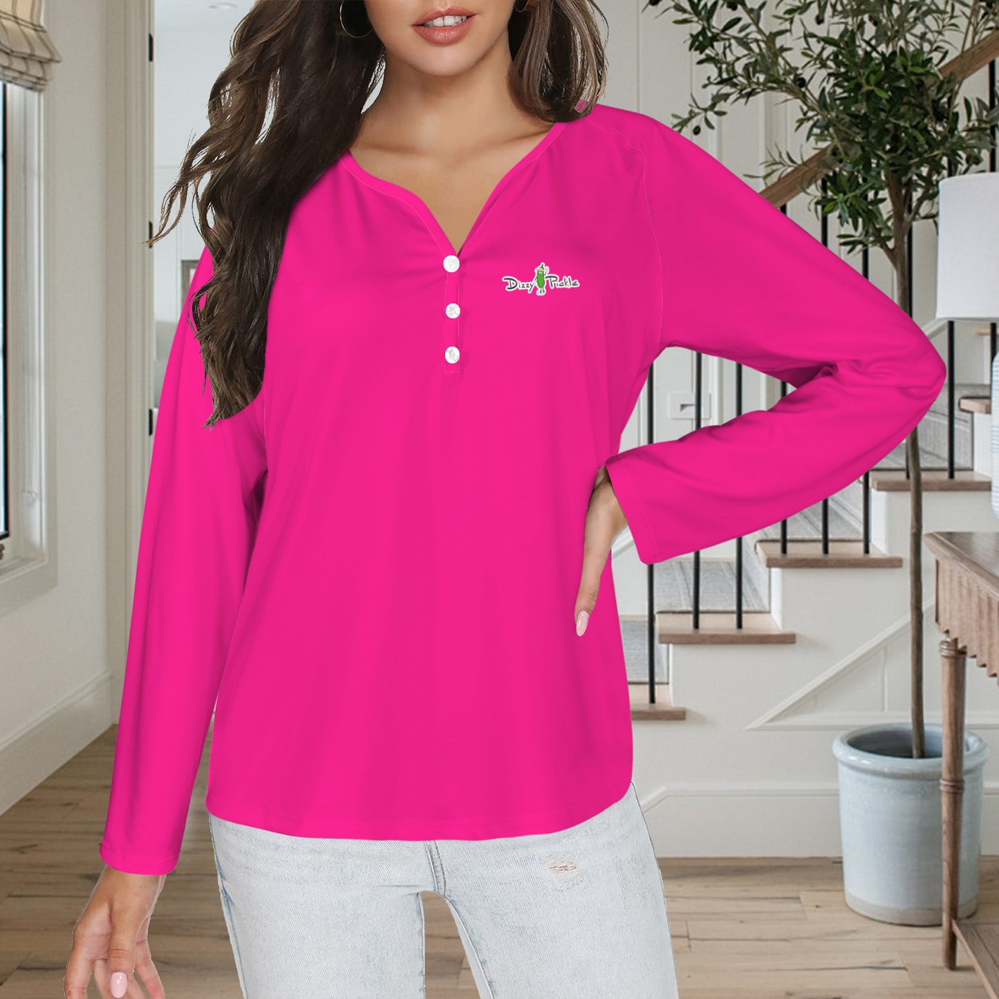 Three Button Long Sleeve Hot Pink