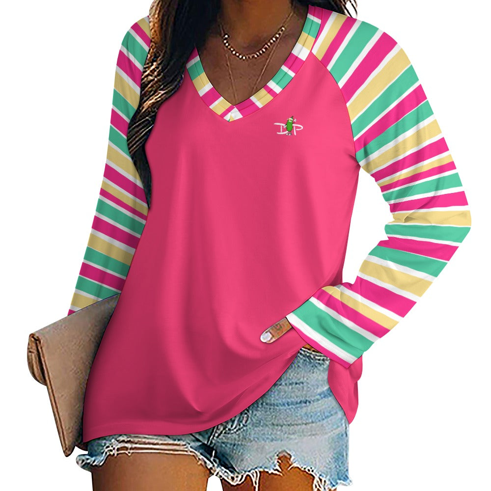 Dizzy Pickle MaryEllen Stripes Deep Pink Women's Pickleball Long sleeve Double Layered V-Neck Loose Tee