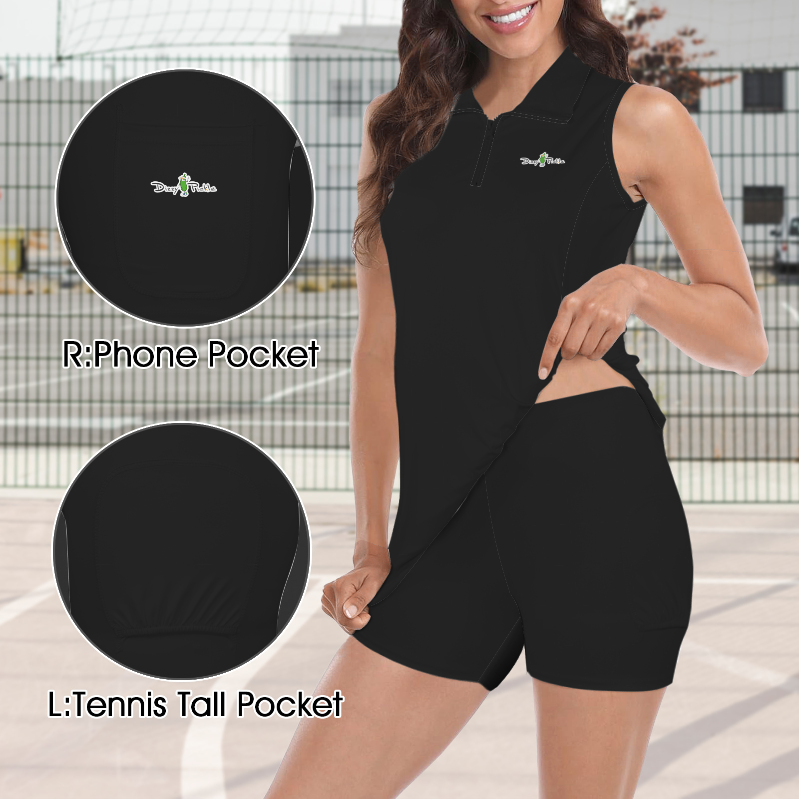 Dizzy Pickle DZY P Classic Black Women's Pickleball Activewear Dress, Inner Shorts with Pockets Black / S Dizzy Pickle DZY P Classic Black Women's Pickleball Activewear Dress, Inner Shorts with Pockets Black / S