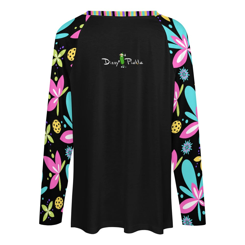 Dizzy Pickle Donna Black Collection Women's Pickleball Long sleeve Double Layered V-Neck Loose Tee