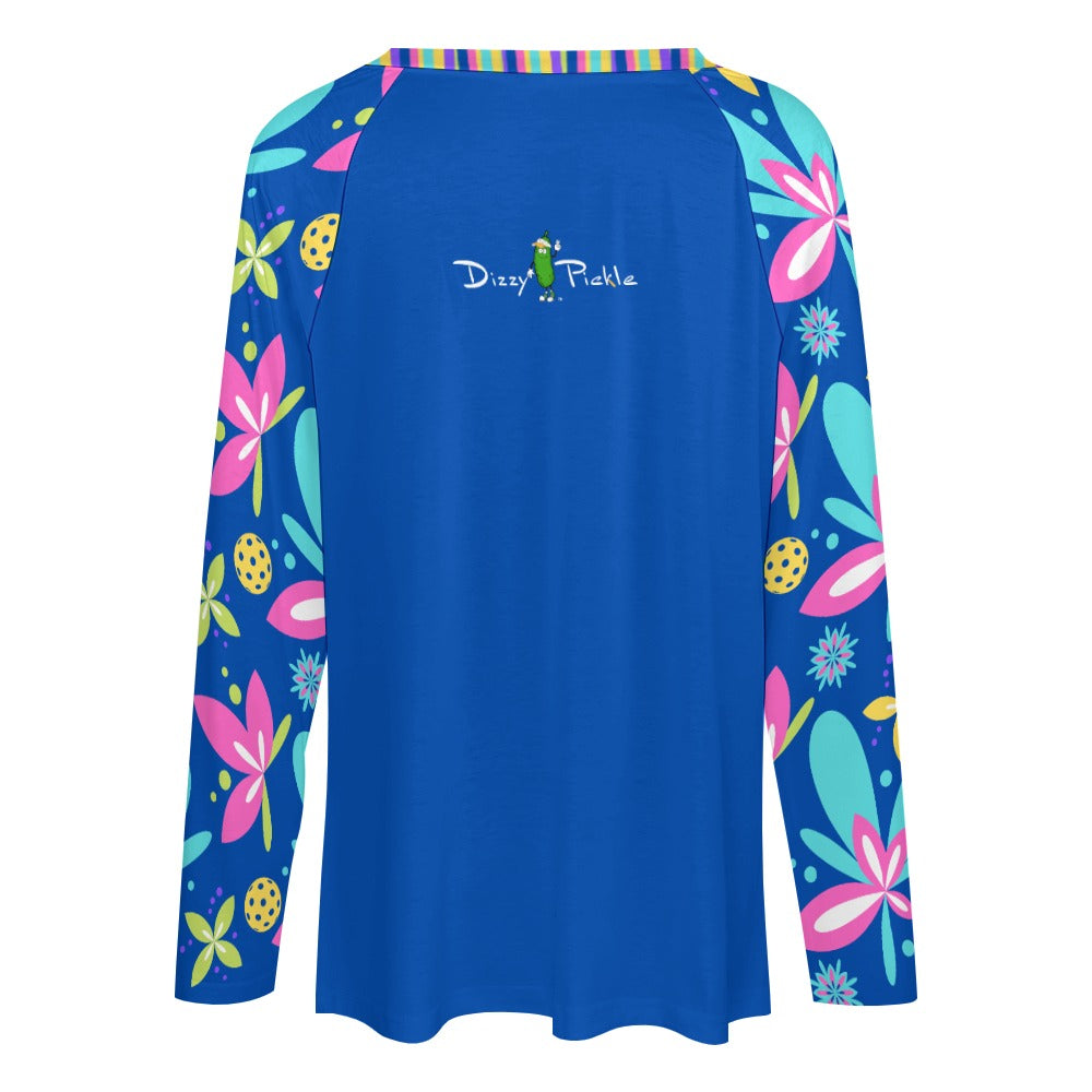 Dizzy Pickle Donna Blue Women's Pickleball Long sleeve Double Layered V-Neck Loose Tee