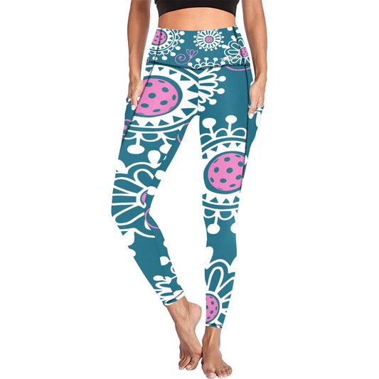 Dizzy Pickle Coming Up Daisies TP Women's Pickleball Performance Leggings (Ankle Length, High-Waisted, & Two Side Pockets)