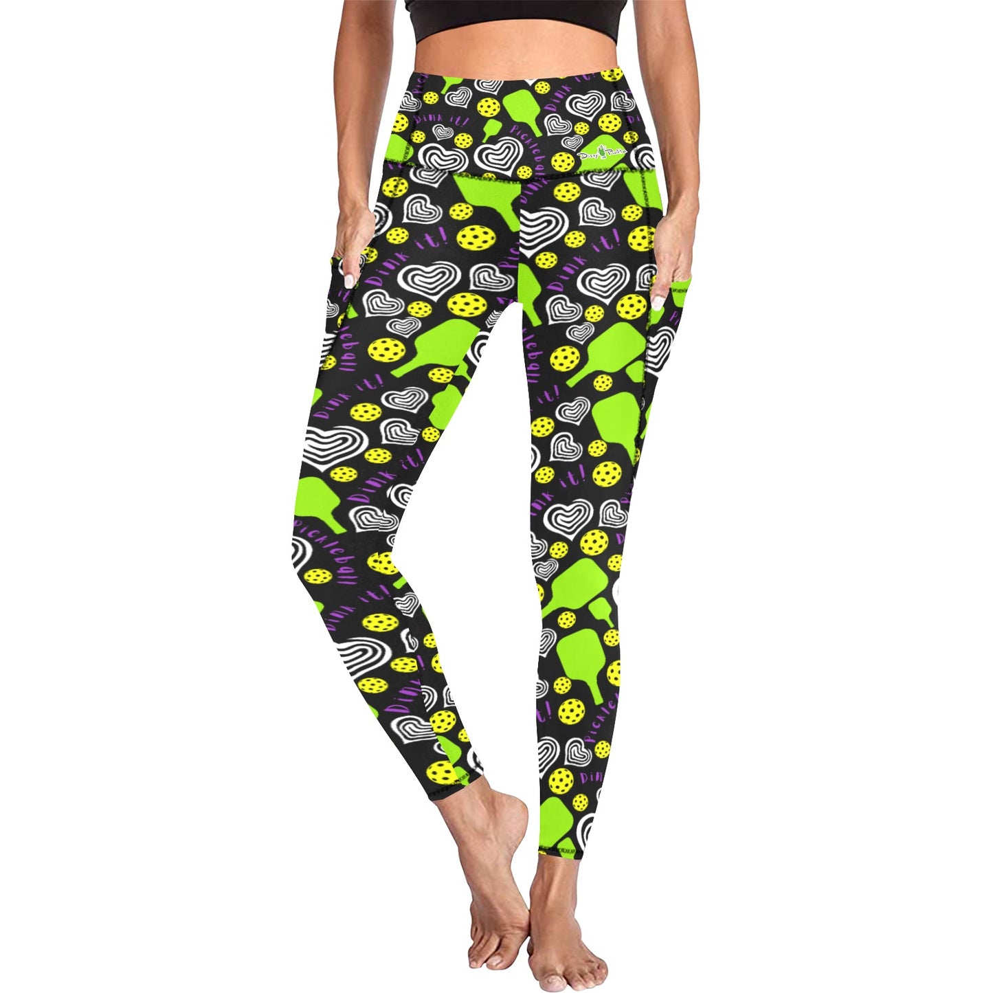 Dizzy Pickle Dinking Diva Hearts BG Women's Pickleball Performance Leggings (Ankle Length, High-Waisted, & Two Side Pockets)