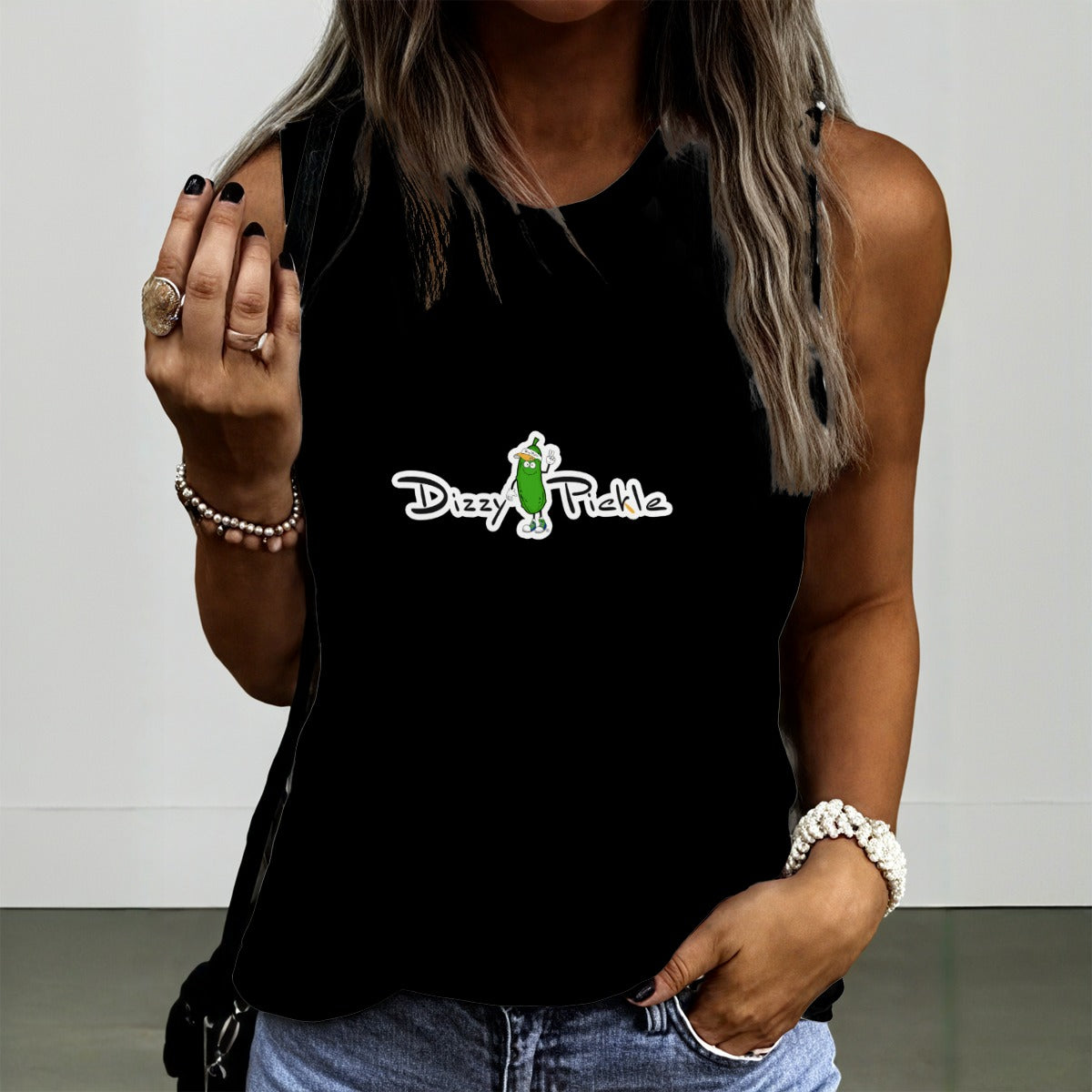 Dizzy Pickle DZY P Classic Black Women's Pickleball Crew Neck Sleeveless Premium T-Shirt