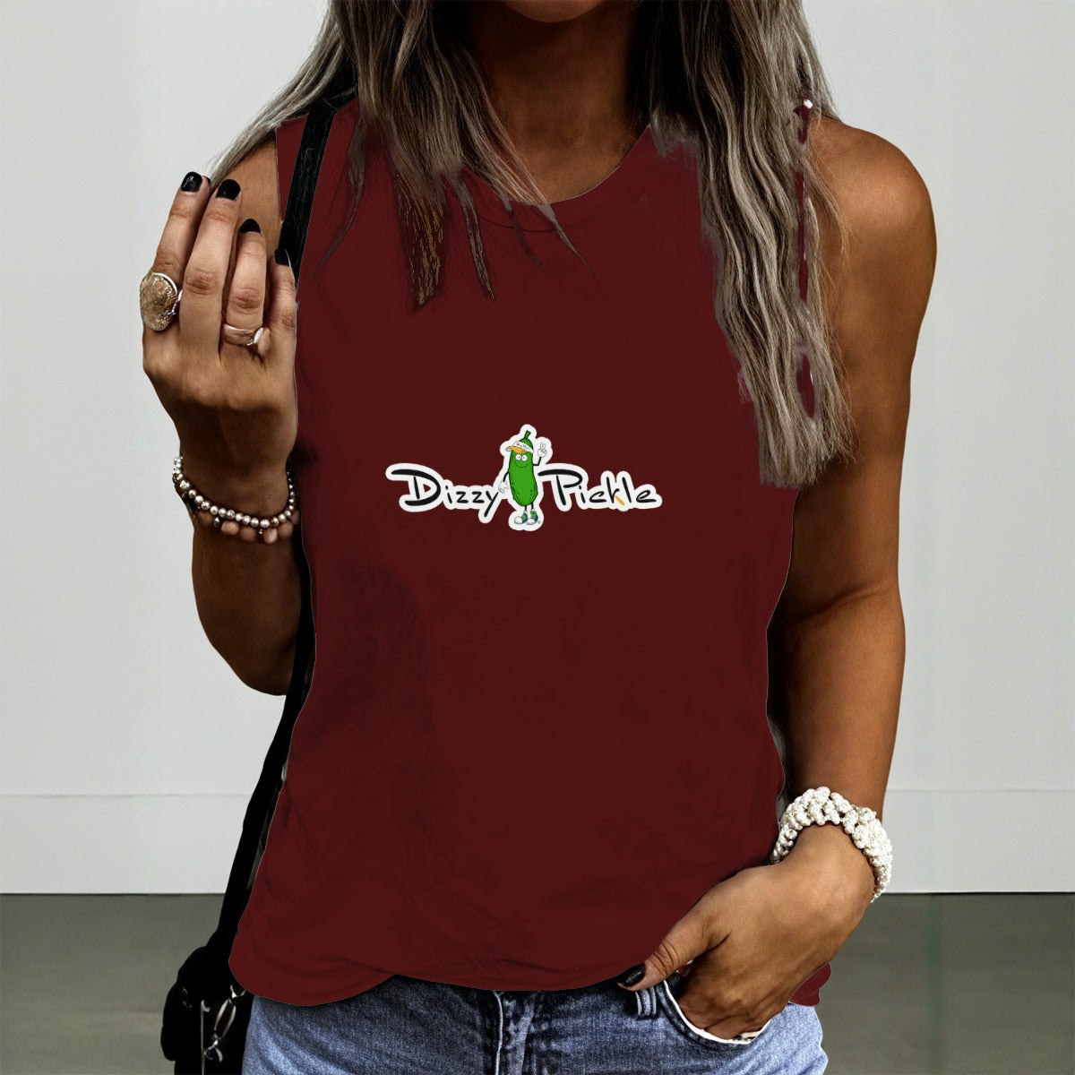 Dizzy Pickle DZY P Classic Dark Maroon Women's Pickleball Crew Neck Sleeveless Premium T-Shirt