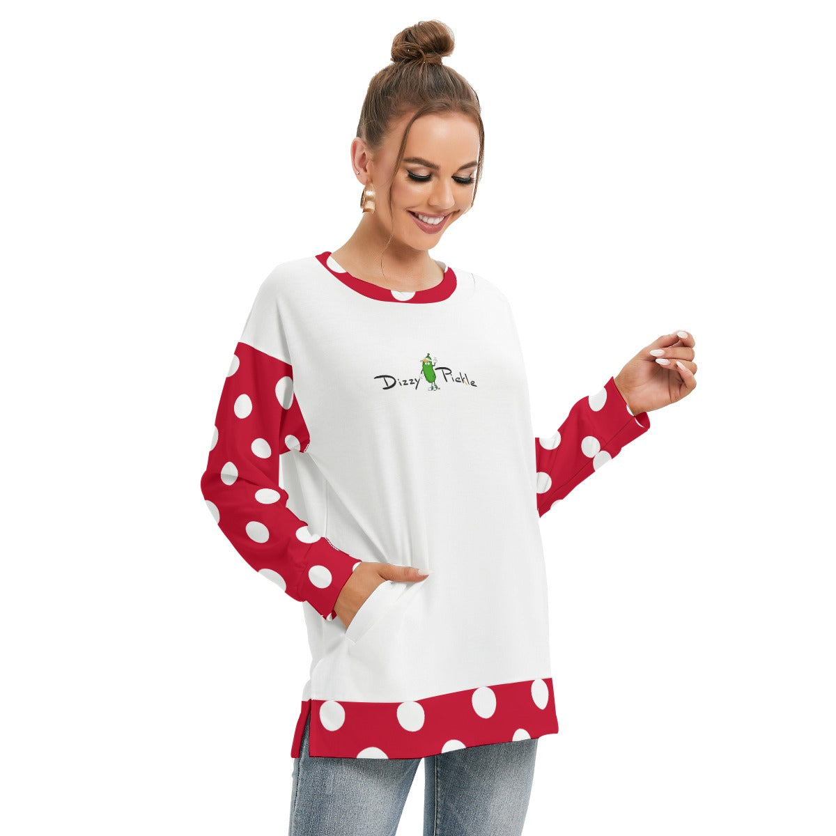 Dizzy Pickle Christmas Polka Dots Red Women's Pickleball Side Split O-Neck Sweatshirt