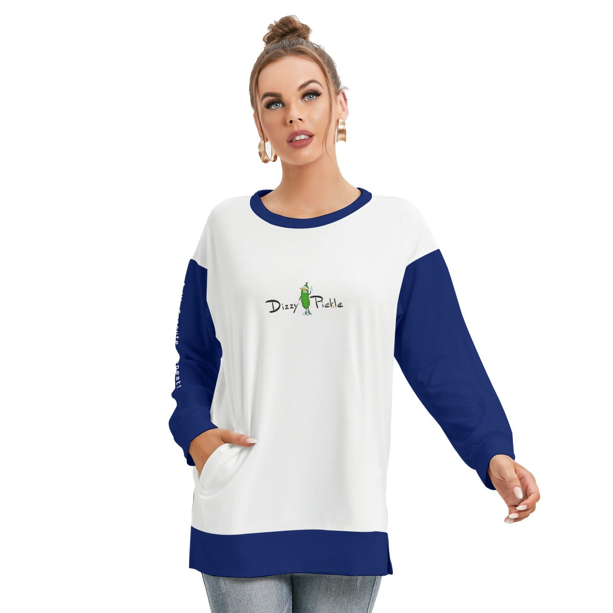 Dizzy Pickle DZY P Classic White_Blue Women's Pickleball Side Split O-Neck Sweatshirt