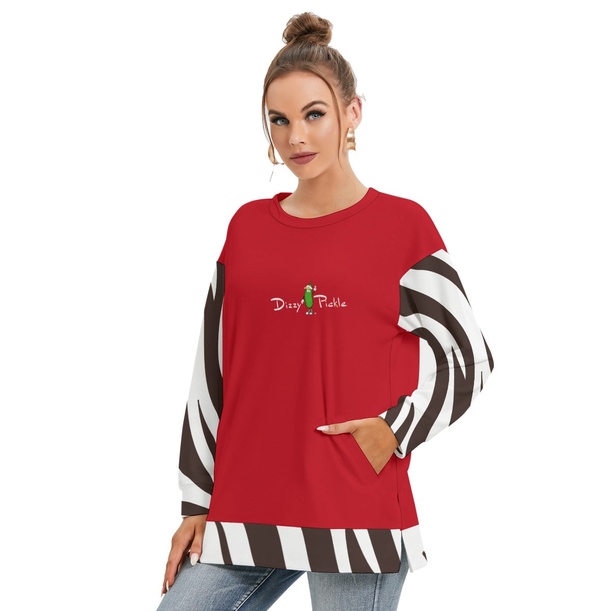 Dizzy Pickle Bridget Red Women's Pickleball Side Split O-Neck Sweatshirt