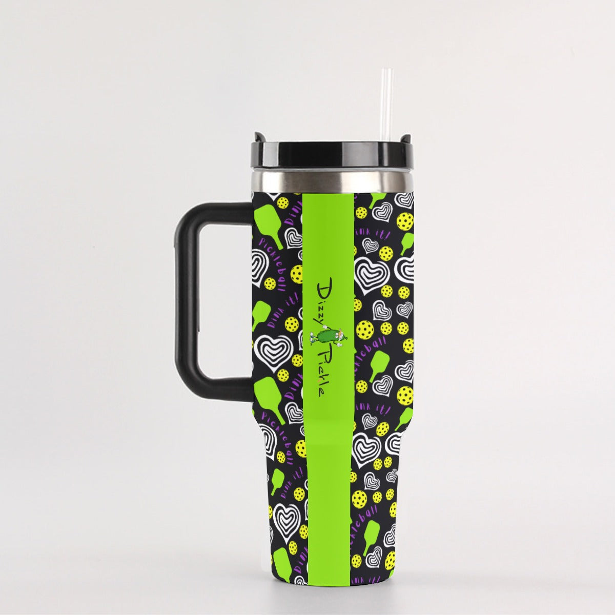 Dizzy Pickle Dinking Diva Hearts BG 40 oz. Mega Pickleball Insulated Tumbler with Handle