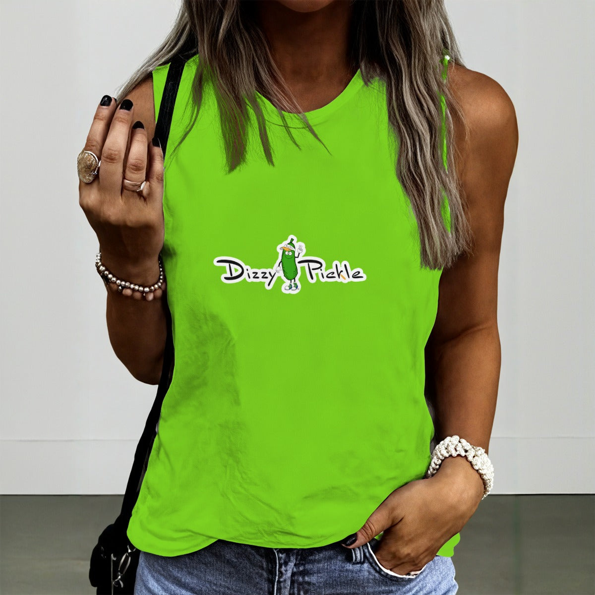 Dizzy Pickle DZY P Classic Lime Green Women's Pickleball Crew Neck Sleeveless Premium T-Shirt