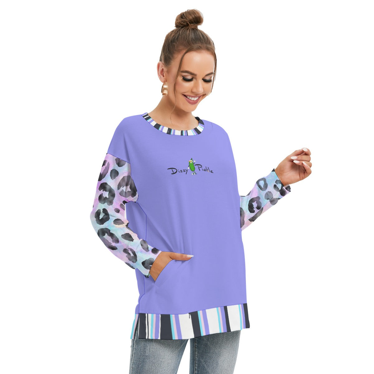 Dizzy Pickle Amber Pastel Kitty Women's Pickleball Side Split O-Neck Sweatshirt