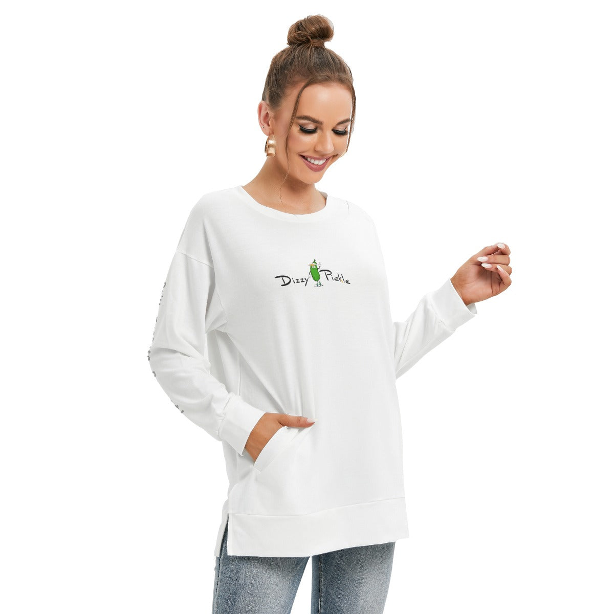 Dizzy Pickle DZY P Classic White Women's Pickleball Side Split O-Neck Sweatshirt