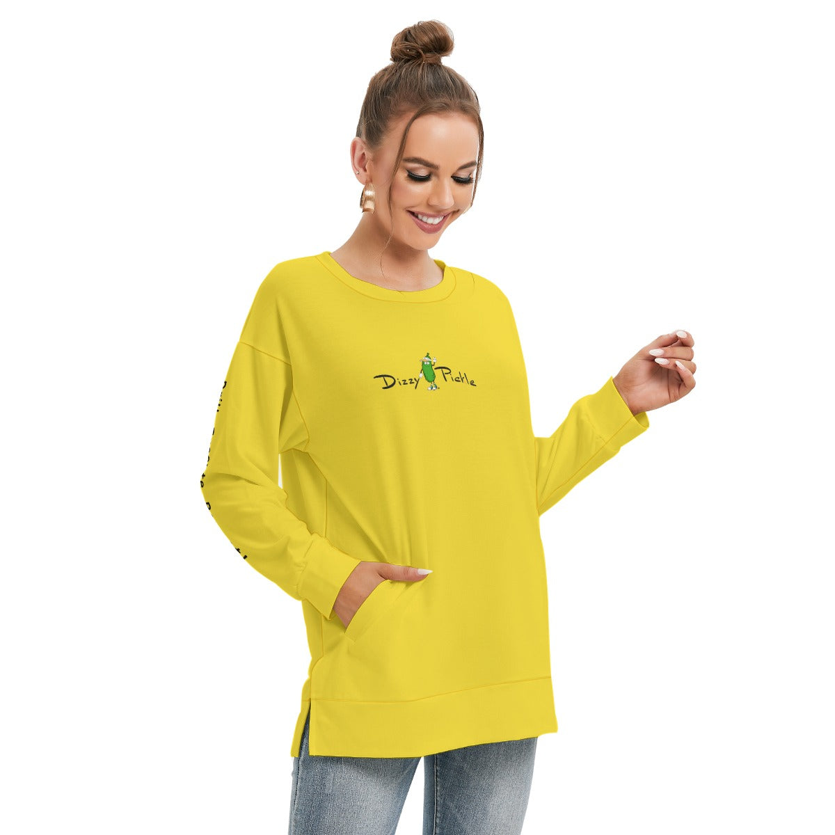 Dizzy Pickle DZY P Classic Yellow Women's Pickleball Side Split O-Neck Sweatshirt