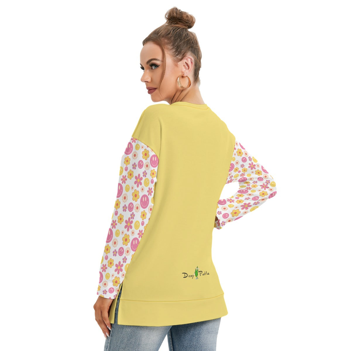 Dizzy Pickle Joy Yellow Women's Pickleball Side Split O-Neck Sweatshirt