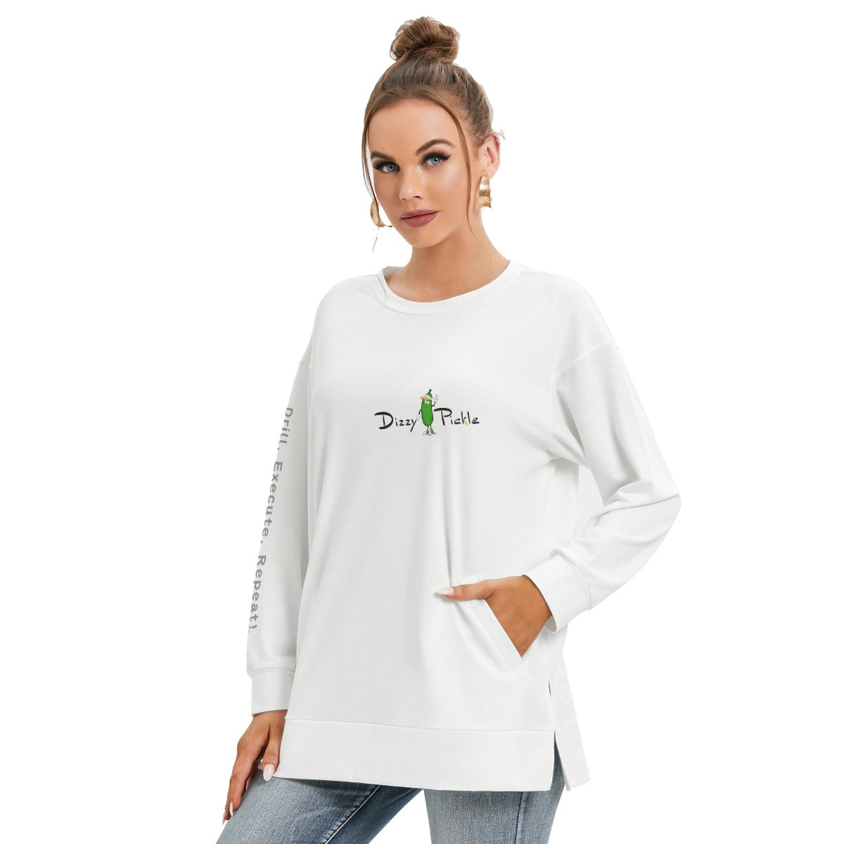 Dizzy Pickle DZY P Classic White Women's Pickleball Side Split O-Neck Sweatshirt