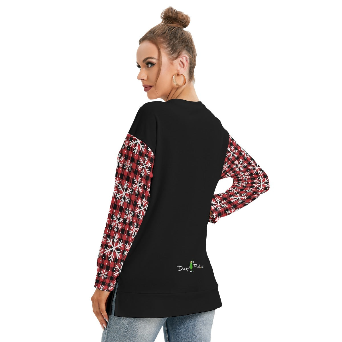 Dizzy Pickle Christmas Snow Plaid Women's Pickleball Side Split O-Neck Sweatshirt