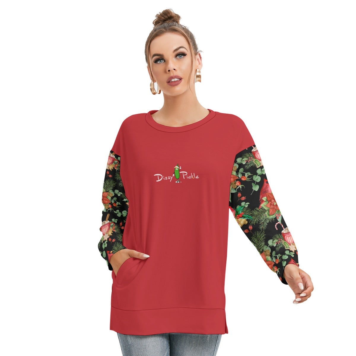 Dizzy Pickle Christmas Warm Memories Women's Pickleball Side Split O-Neck Sweatshirt