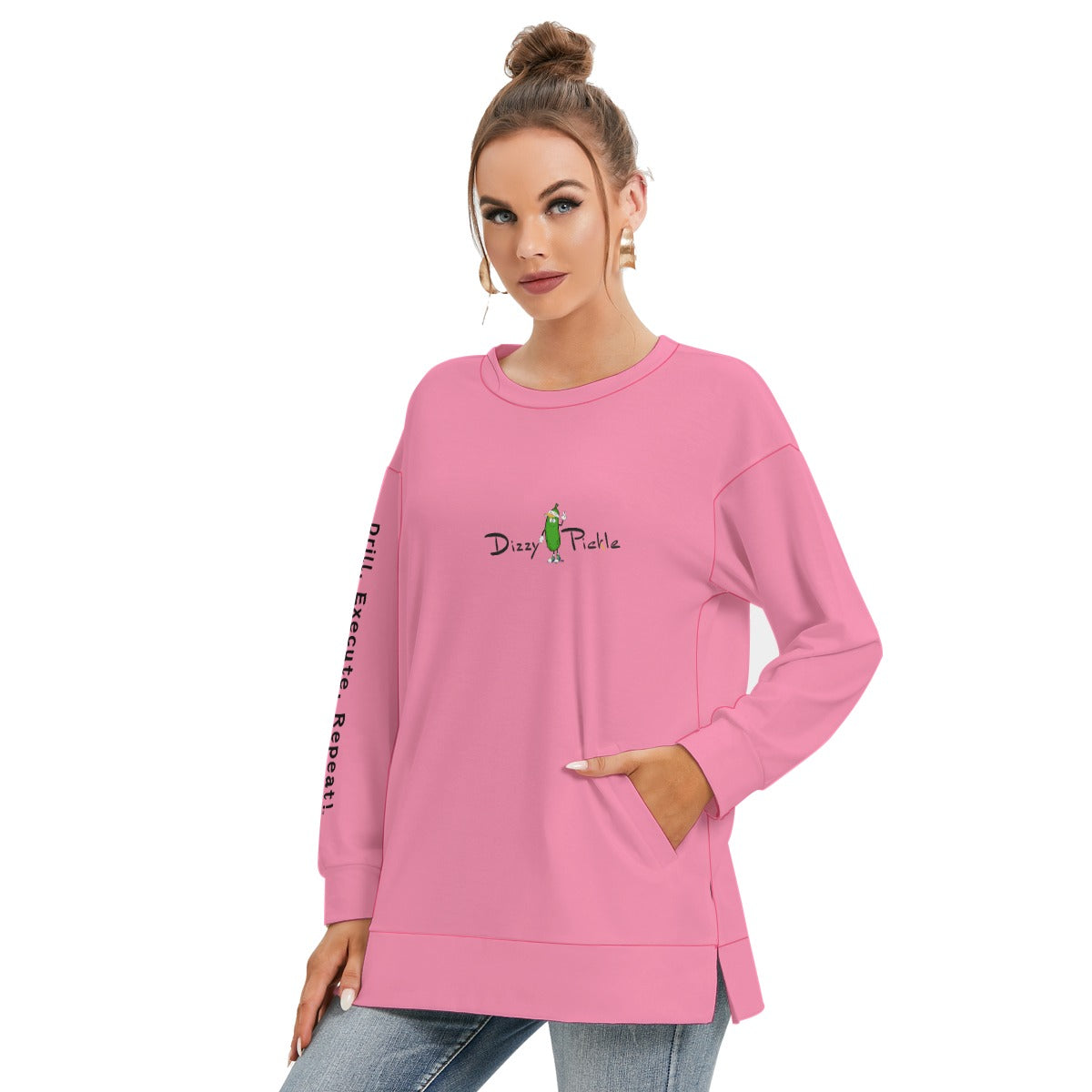 Dizzy Pickle DZY P Classic Pink Women's Pickleball Side Split O-Neck Sweatshirt