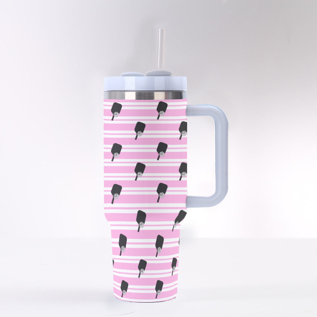 Dizzy Pickle Page Paddles_Stripes Pink White 40 oz. Mega Pickleball Insulated Tumbler with Handle