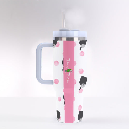 Dizzy Pickle Paddles_Polka Dots Small White 40 oz. Mega Pickleball Insulated Tumbler with Handle