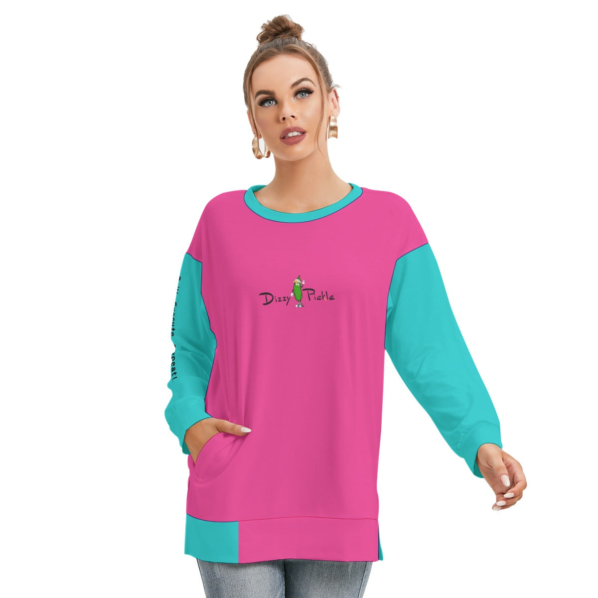 Dizzy Pickle DZY P Classic Pink_Teal Women's Pickleball Side Split O-Neck Sweatshirt