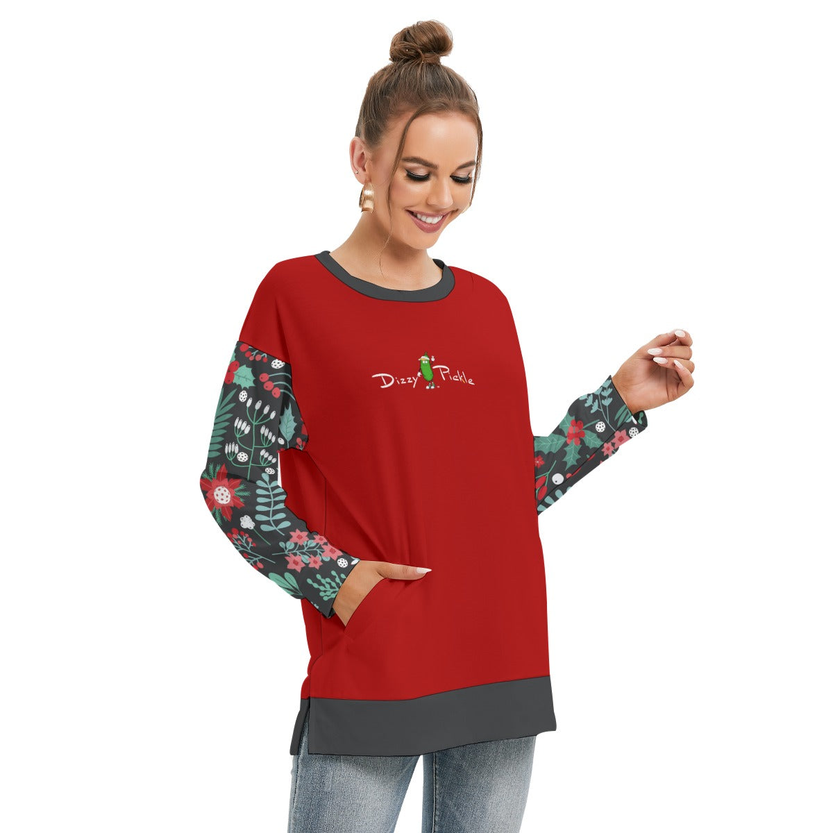 Dizzy Pickle Christmas Garden Women's Pickleball Side Split O-Neck Sweatshirt