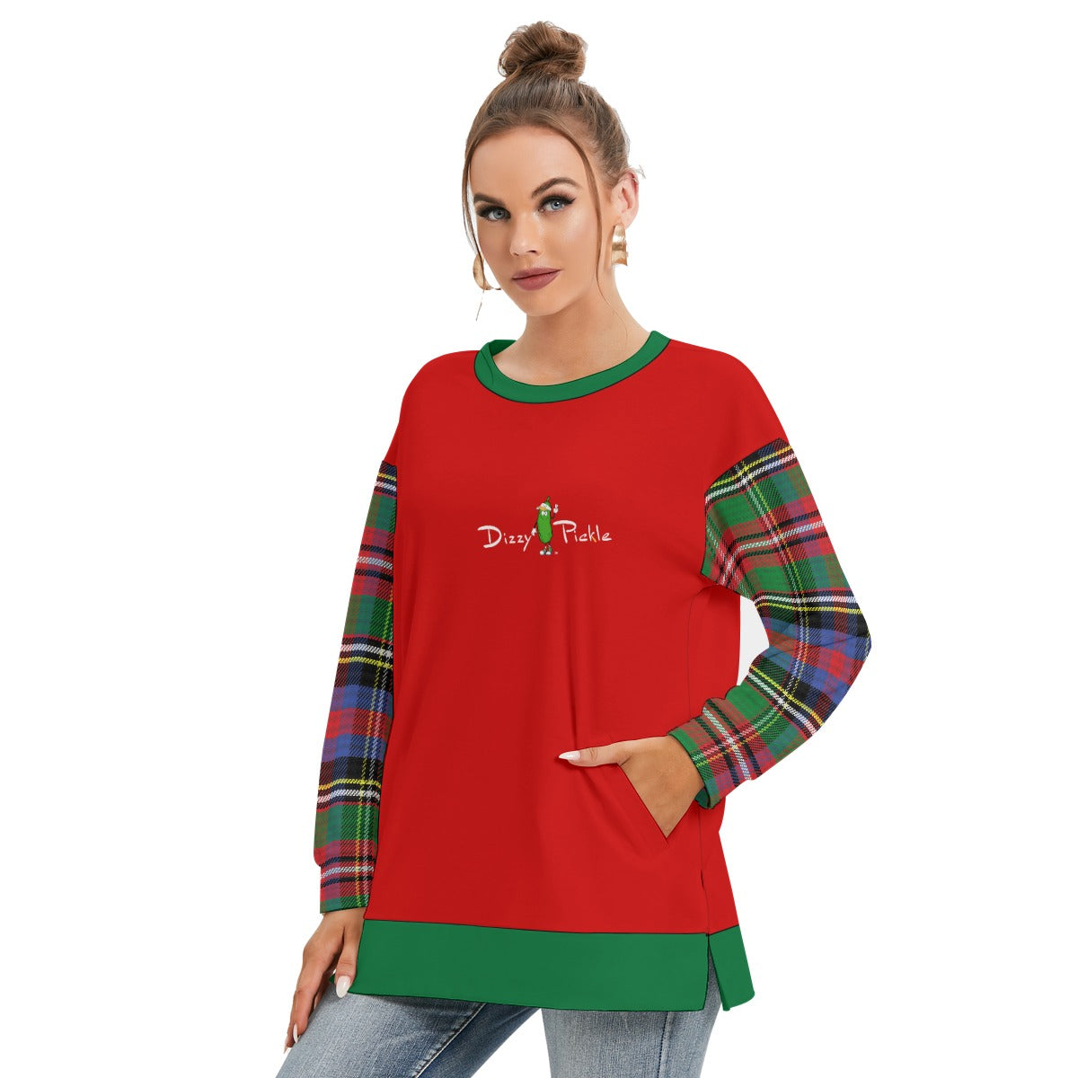 Dizzy Pickle Christmas Plaid Women's Pickleball Side Split O-Neck Sweatshirt