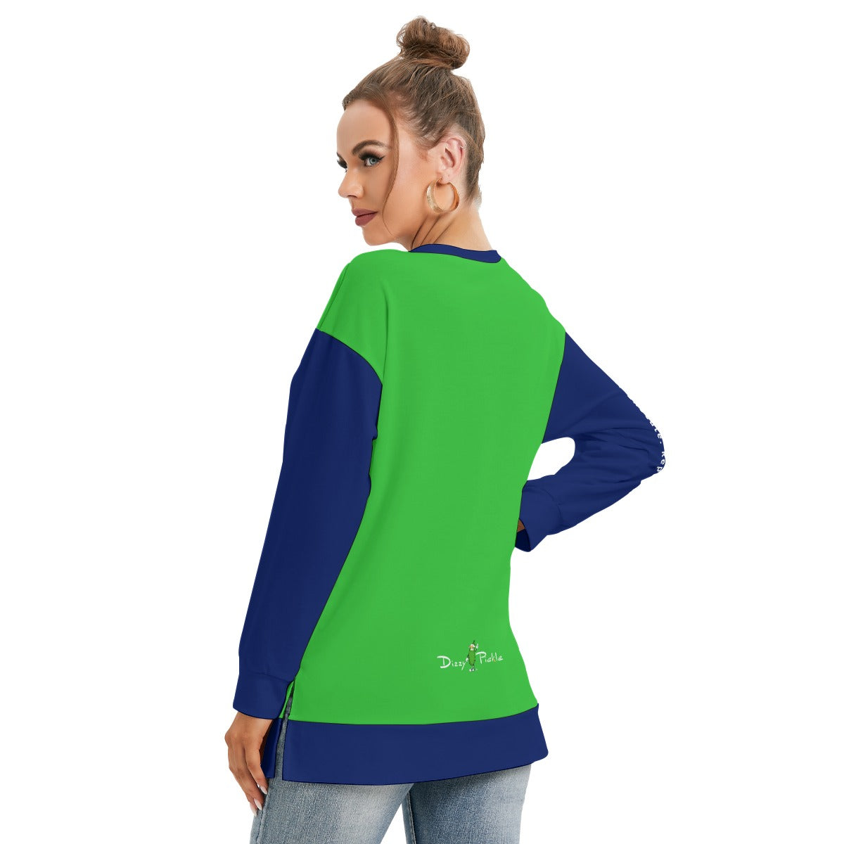 Dizzy Pickle DZY P Classic Green_Blue Women's Pickleball Side Split O-Neck Sweatshirt