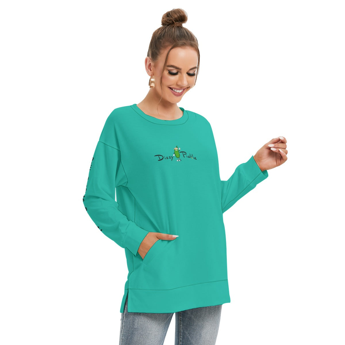 Dizzy Pickle DZY P Classic Turquoise Women's Pickleball Side Split O-Neck Sweatshirt