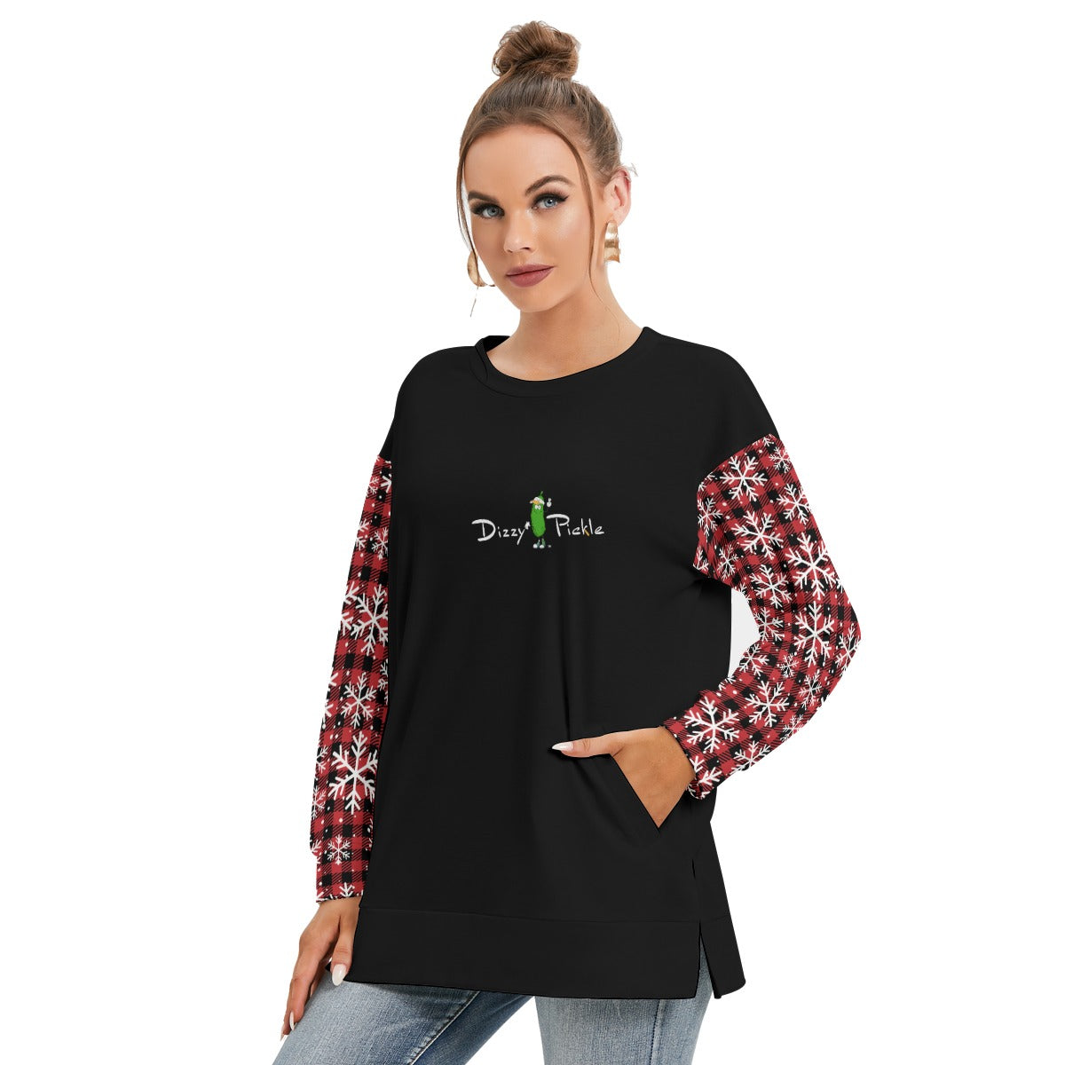 Dizzy Pickle Christmas Snow Plaid Women's Pickleball Side Split O-Neck Sweatshirt