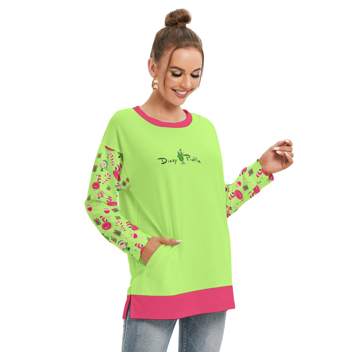 Dizzy Pickle Christmas Cheer Women's Pickleball Side Split O-Neck Sweatshirt