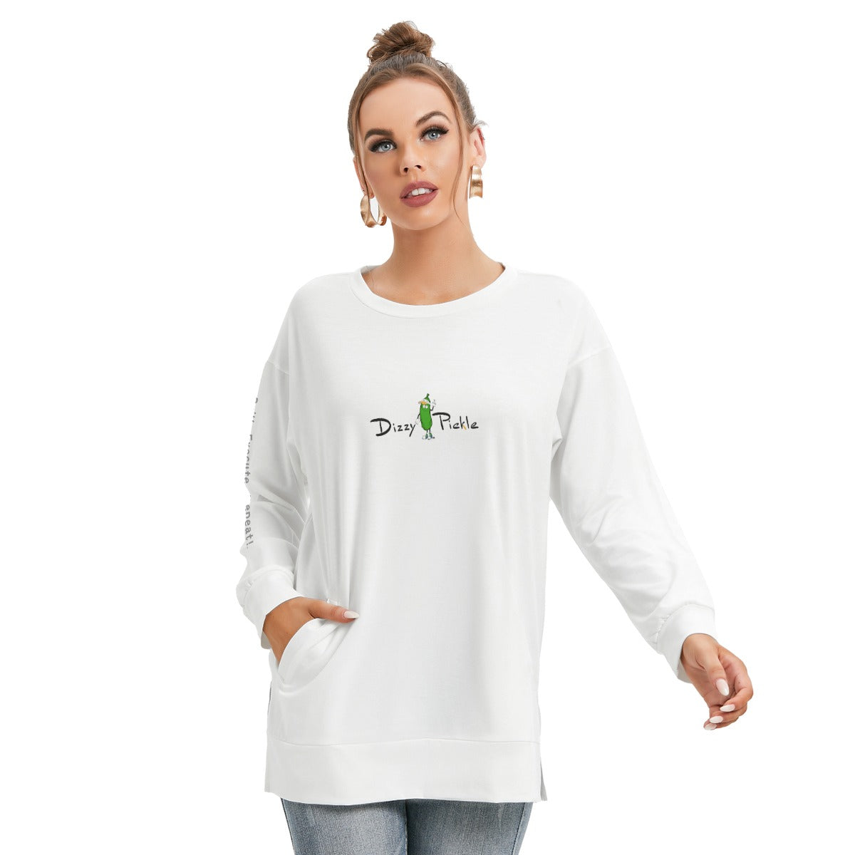 Dizzy Pickle DZY P Classic White Women's Pickleball Side Split O-Neck Sweatshirt