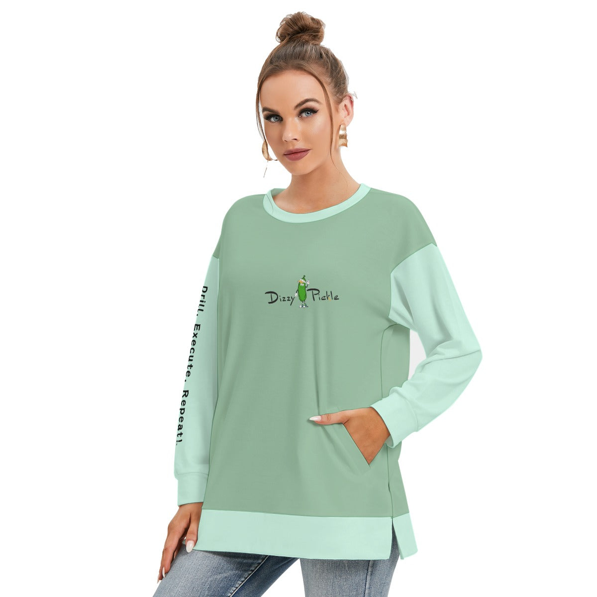 Dizzy Pickle DZY P Classic Sage_Sea Foam Women's Pickleball Side Split O-Neck Sweatshirt