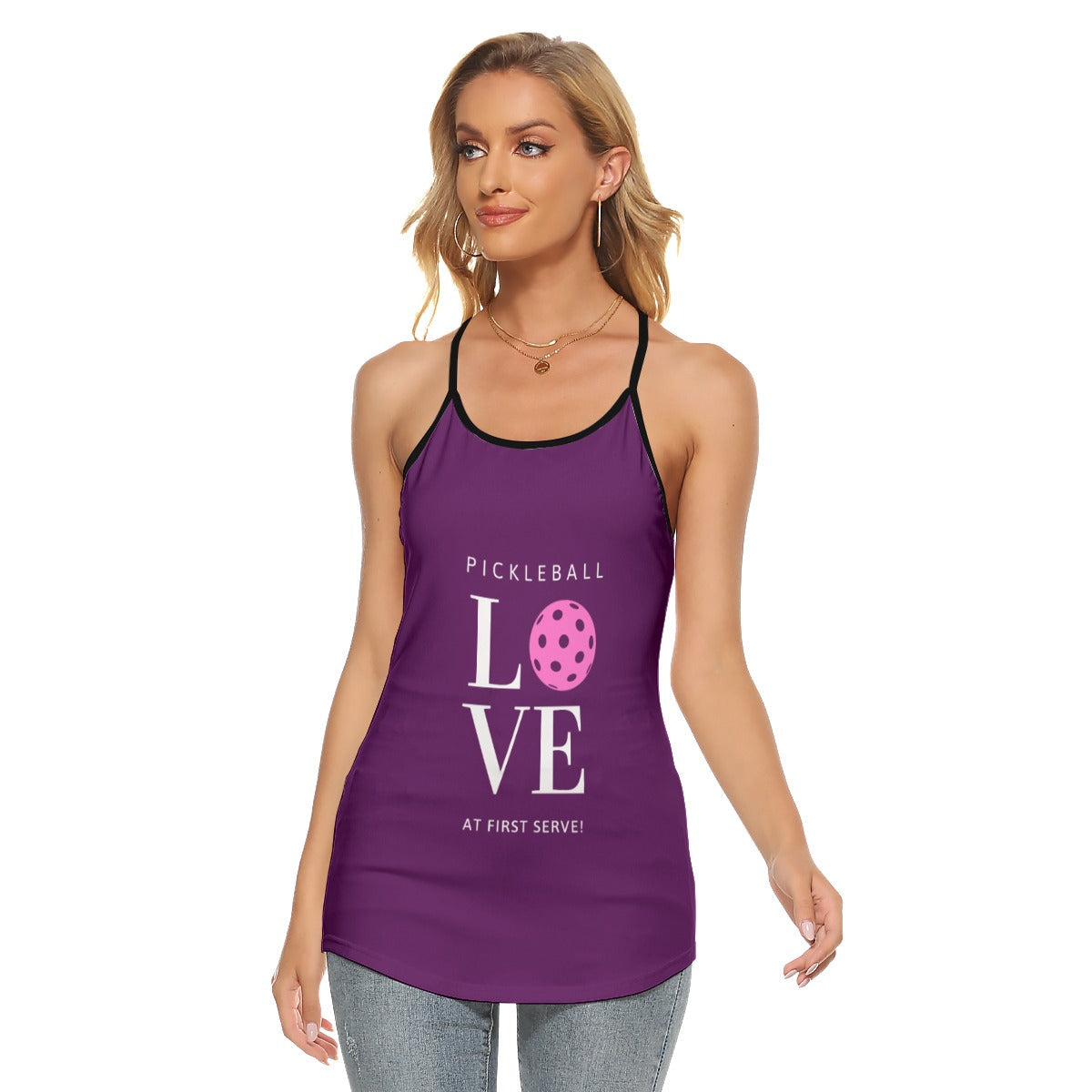 LARGE Dizzy Pickle Pickleball Love at First Serve WP Women's Pickleball Cut-out Crisscross Back Sleeveless Tank Plum