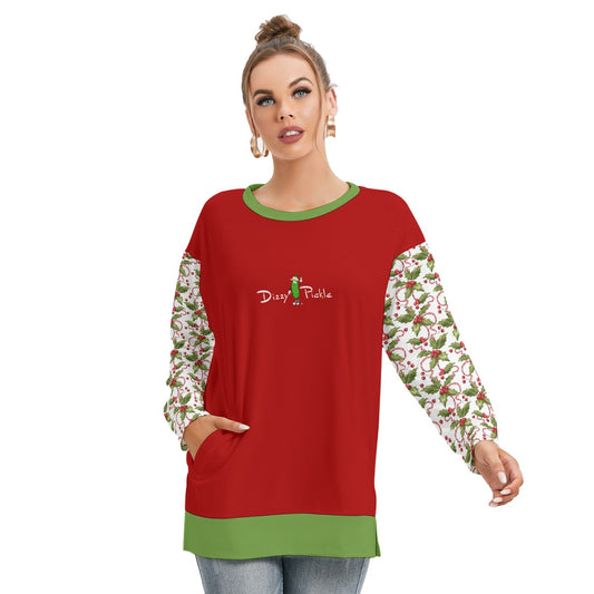 Dizzy Pickle Christmas Holly Women's Pickleball Side Split O-Neck Sweatshirt