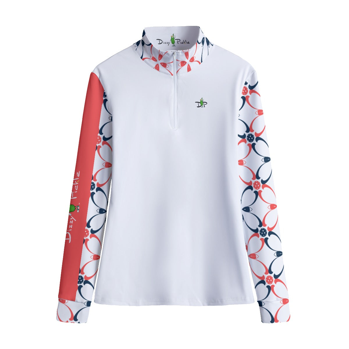 LARGE SLIM FIT Van - White/Petals - Women's Quarter Zip Long Sleeve Casual Pullover by Dizzy Pickle