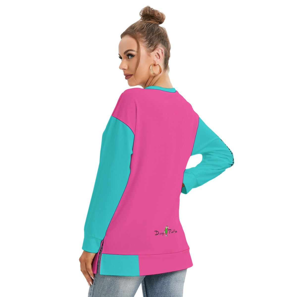 Dizzy Pickle DZY P Classic Pink_Teal Women's Pickleball Side Split O-Neck Sweatshirt