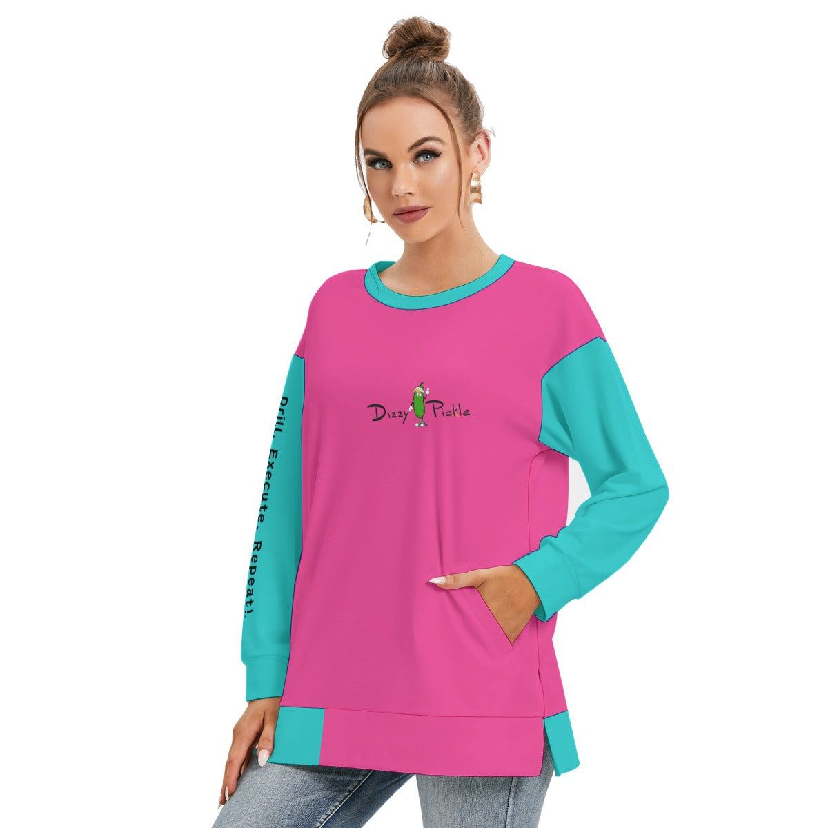 Dizzy Pickle DZY P Classic Pink_Teal Women's Pickleball Side Split O-Neck Sweatshirt