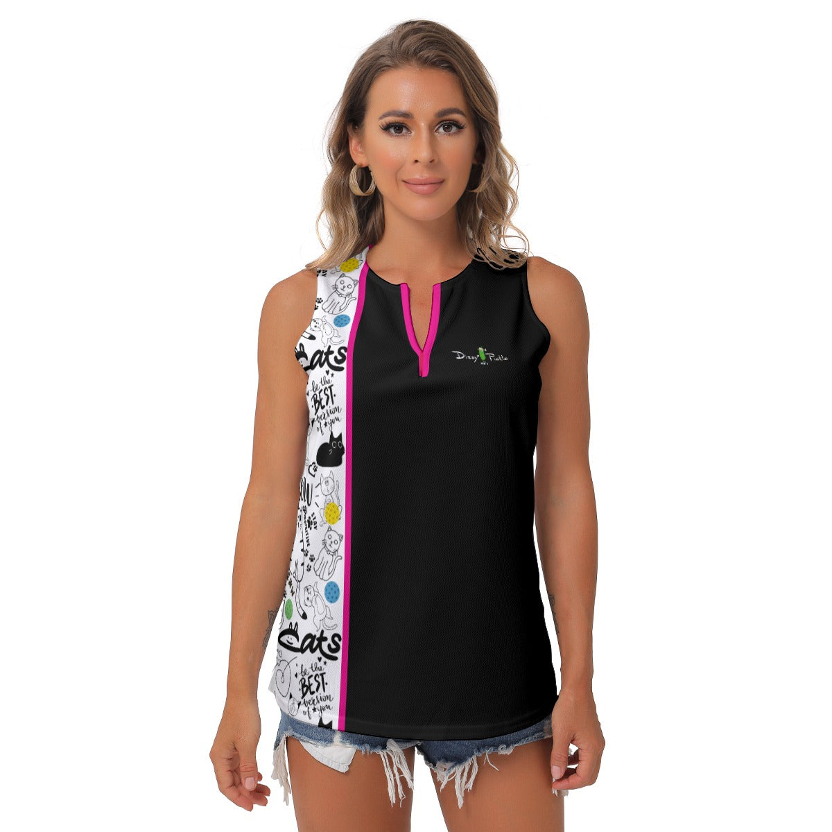 Dizzy Pickle Sassy Black_Pink Women's Pickleball Sleeveless V-Neck Top