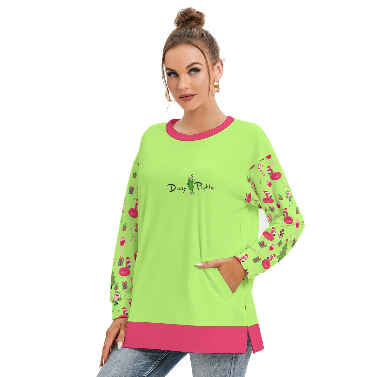 Dizzy Pickle Christmas Cheer Women's Pickleball Side Split O-Neck Sweatshirt