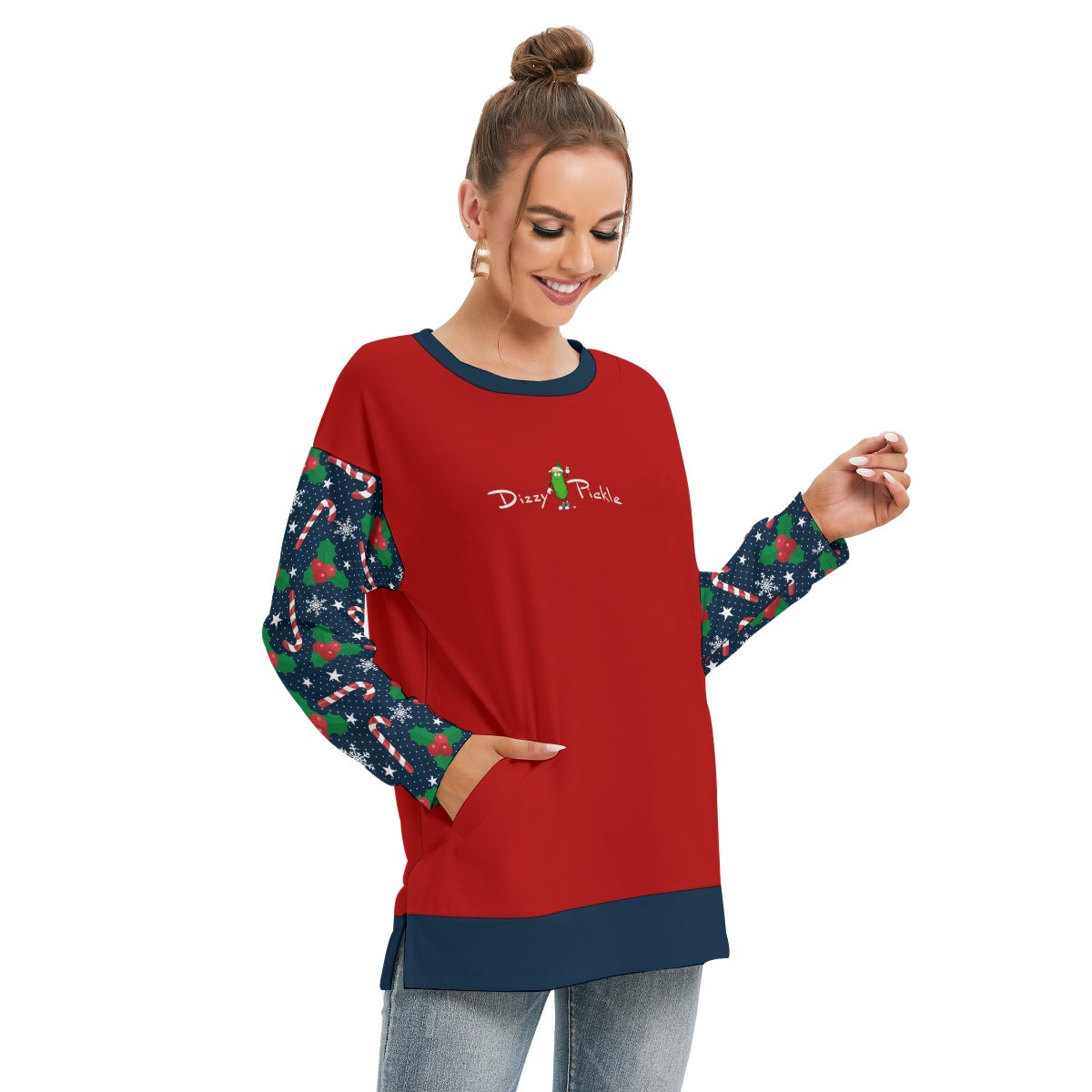 Dizzy Pickle Christmas Candy Canes Women's Pickleball Side Split O-Neck Sweatshirt