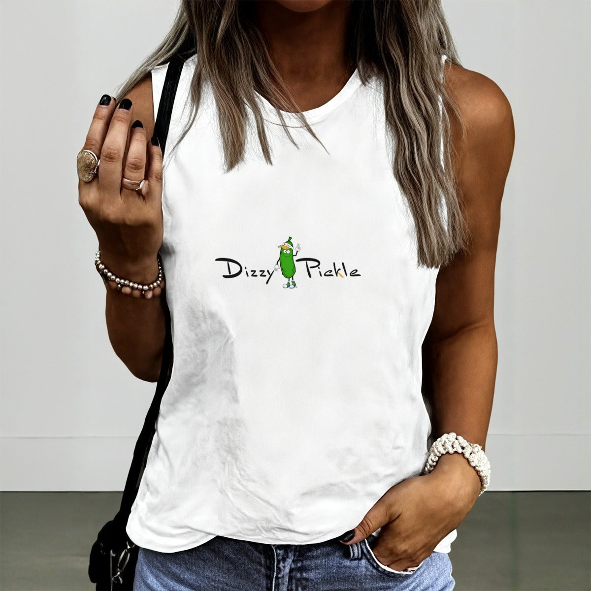 Dizzy Pickle DZY P Classic White Women's Pickleball Crew Neck Sleeveless Premium T-Shirt