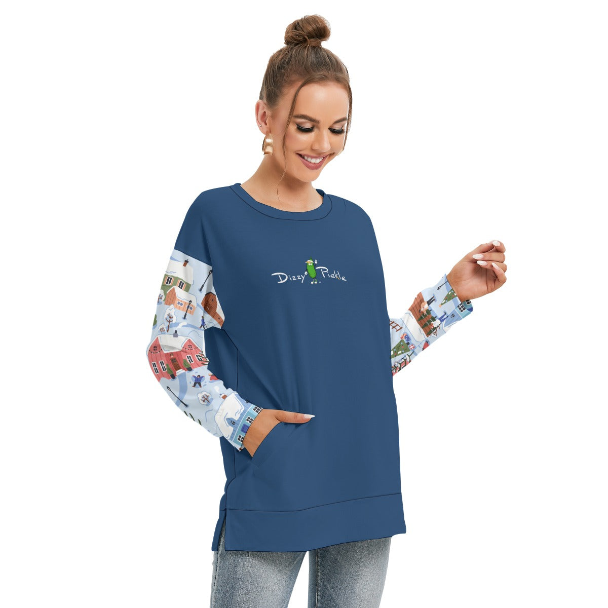 Dizzy Pickle Christmas Small Town Women's Pickleball Side Split O-Neck Sweatshirt