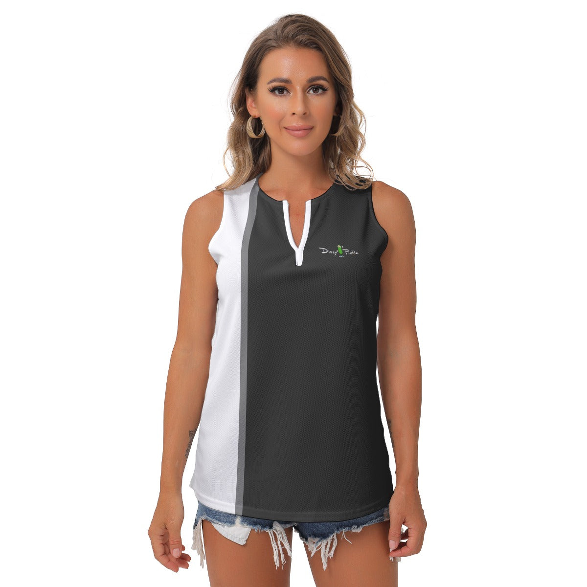 Dizzy Pickle Mary Black_White Stripe Women's Pickleball Sleeveless V-Neck Top