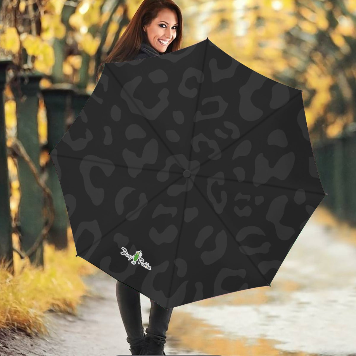 Dizzy Pickle Amber Black Animal Print Pickleball Automatic Button Release Umbrella